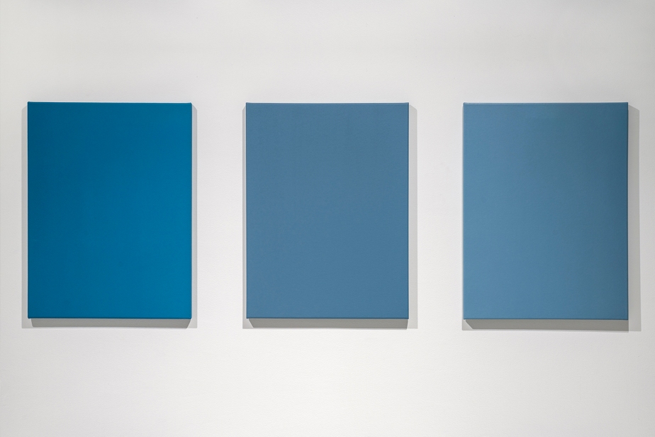 three blue monochrome paintings on a wall